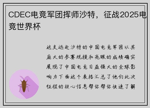 CDEC电竞军团挥师沙特，征战2025电竞世界杯