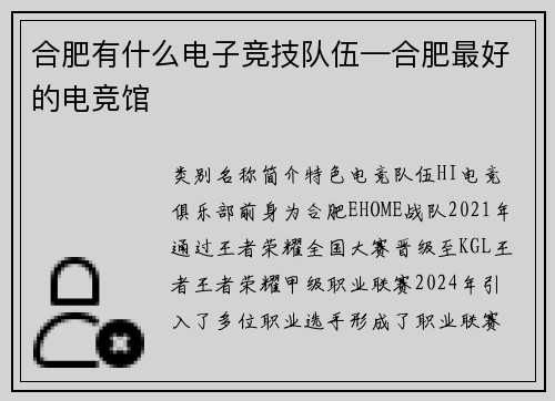 合肥有什么电子竞技队伍—合肥最好的电竞馆